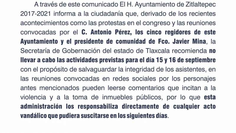 Por conflictos no habrá festejos en Zitlaltepec y Tenancingo