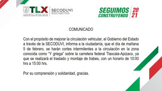 Anuncia Secoduvi cierre intermitente de la carretera Tlaxcala-Apizaco para colocar trabes en Ocotoxco