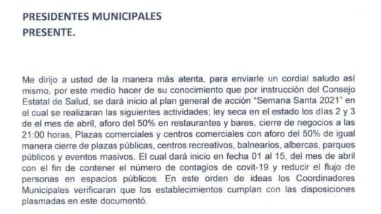 Giran circular a alcaldes para mantener restricciones en Semana Santa, advierten que verificarán cumplimiento 