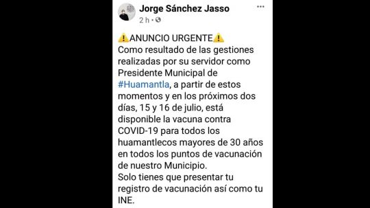 A Huamantla llega vacuna para 30 a 39 años 