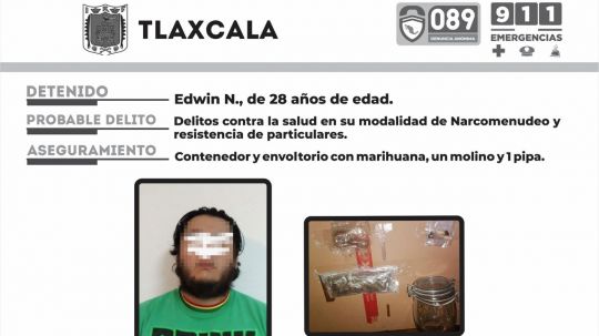 Policía estatal detiene en Tlaxco a una persona con enervantes 