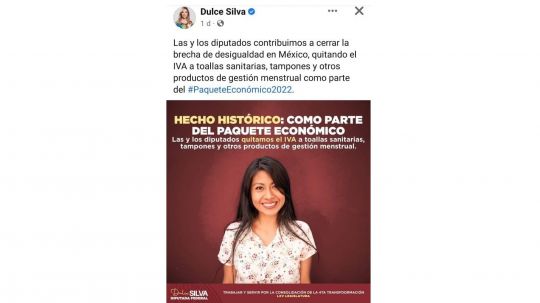 Dulce Silva presume sus logros como diputada federal: Quitar el IVA a toallas sanitarias