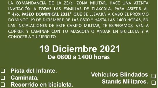 Invita la 23 zona militar al cuarto paseo dominical 2021 