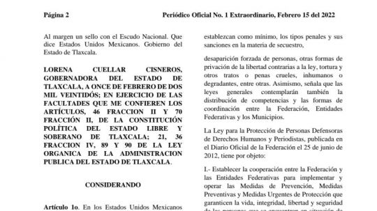 Oficial: Gobierno de Tlaxcala creó Oficina para protección de periodistas y derechos humanos