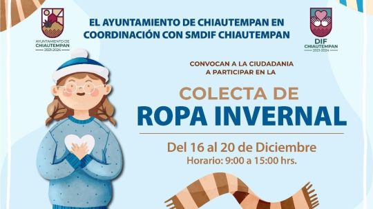 Convoca SMDIF Chiautempan a participar en el último día de colecta de ropa invernal 