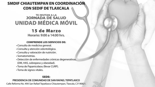 El ayuntamiento de Chiautempan y el SMDIF invitan a la jornada de salud en San Rafael Tepatlaxco