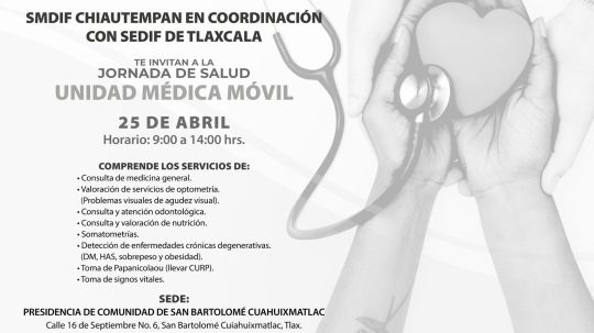La unidad médica móvil visitará la comunidad de San Bartolomé Cuahuixmatlac en Chiautempan