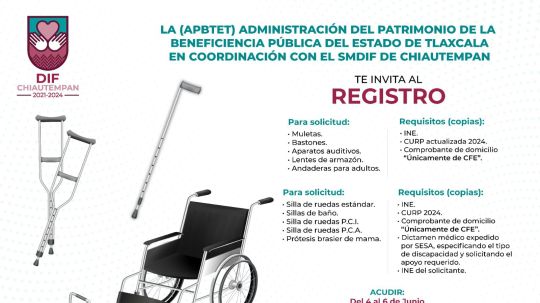 Ayuntamiento de Chiautempan invita al registro de aparatos funcionales y sillas de ruedas