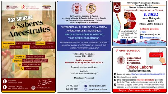 Cartelera de la Universidad Autónoma de Tlaxcala al miércoles 21 de agosto de 2024