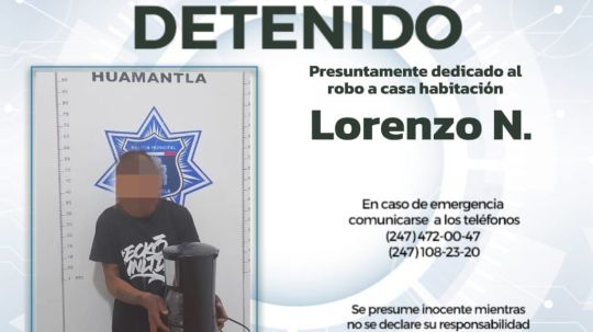 Captura policía de Huamantla a presunto delincuente dedicado al robo de casa-habitación