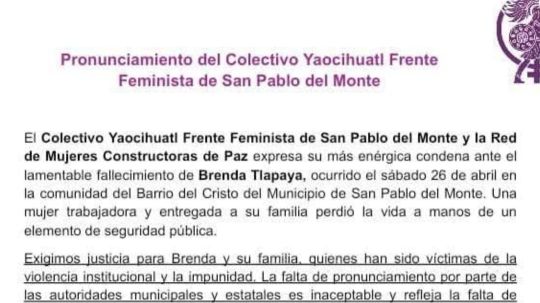 Colectivos feministas claman justicia para Brenda Tlapaya