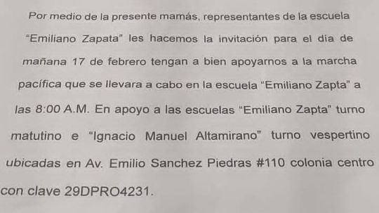Insisten padres de familia en la no reubicación de la escuela Emiliano Zapata, convocan a movilización