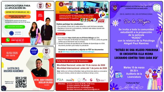 Cartelera de la Universidad Autónoma de Tlaxcala al martes 10 de marzo de 2026