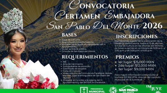 Invitan a participar en certamen Embajadora San Pablo del Monte 2026
