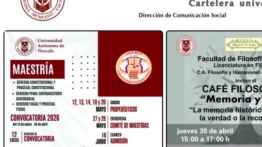 Cartelera de la Universidad Autónoma de Tlaxcala al jueves 30 de abril de 2026