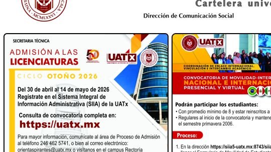 Cartelera de la Universidad Autónoma de Tlaxcala al jueves 14 de mayo de 2026