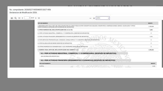 Sheinbaum presenta declaración patrimonial 2026; reporta ingresos por 1.79 millones de pesos