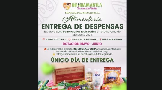 SMDIF Huamantla realizará entrega de despensas del Programa de Asistencia Social Alimentaria