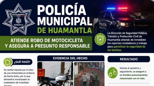 Policía Municipal asegura a presunto responsable tras reporte de robo de motocicleta en Huamantla