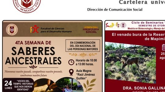 Cartelera de la Universidad Autónoma de Tlaxcala al lunes 24 de agosto de 2026