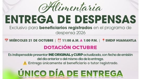 Smdif Huamantla anuncia entrega de apoyos alimentarios correspondientes al mes de octubre