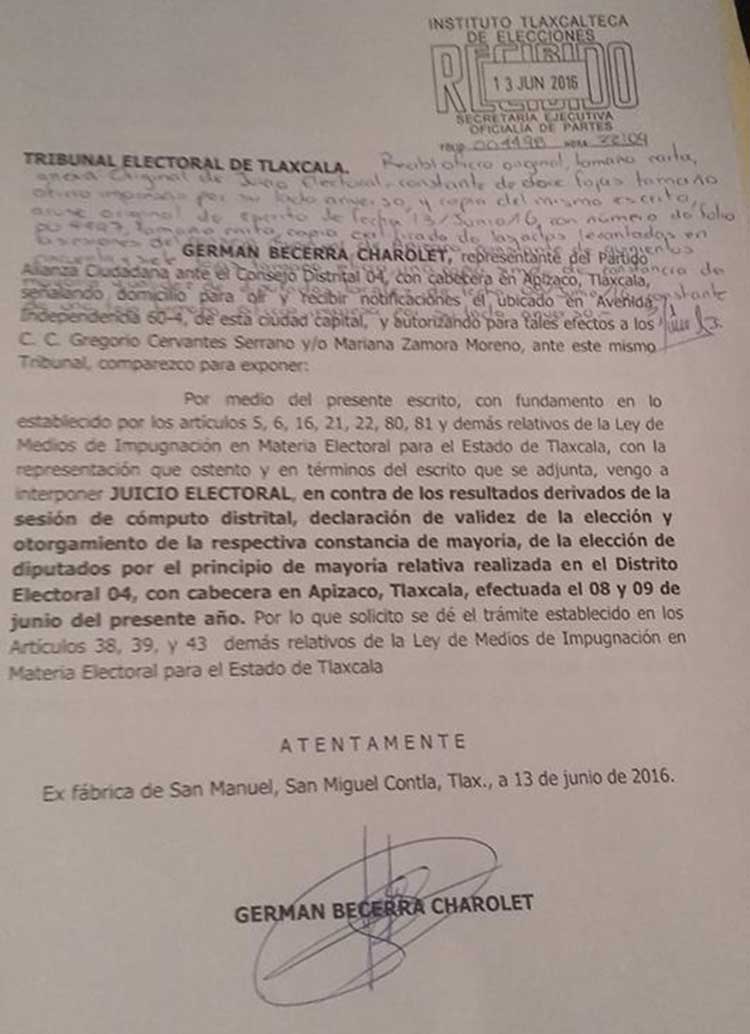 Impugna Cervantes Díaz diputación de Marianito pide nulidad de la elección en Apizaco