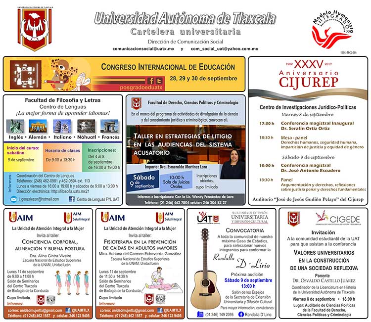 Cartelera de la Universidad Autónoma de Tlaxcala viernes 9 de septiembre de 2017