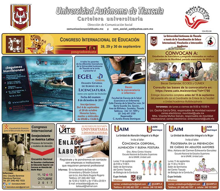 Cartelera de la Universidad Autónoma de Tlaxcala lunes 11 de septiembre de 2017