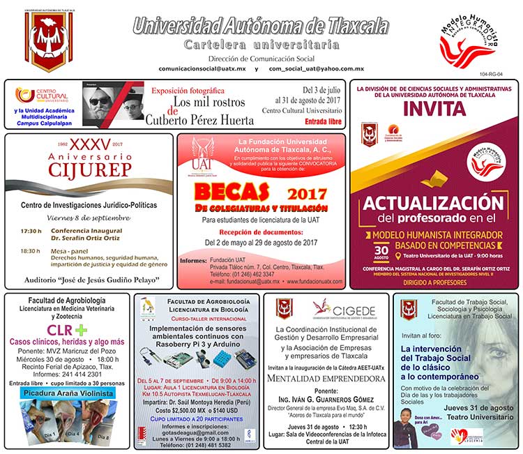 Cartelera de la Universidad Autónoma de Tlaxcala para 29 de agosto