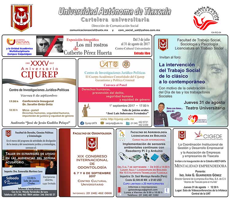 Cartelera de la Universidad Autónoma de Tlaxcala correspondiente al jueves 31 de agosto de 2017